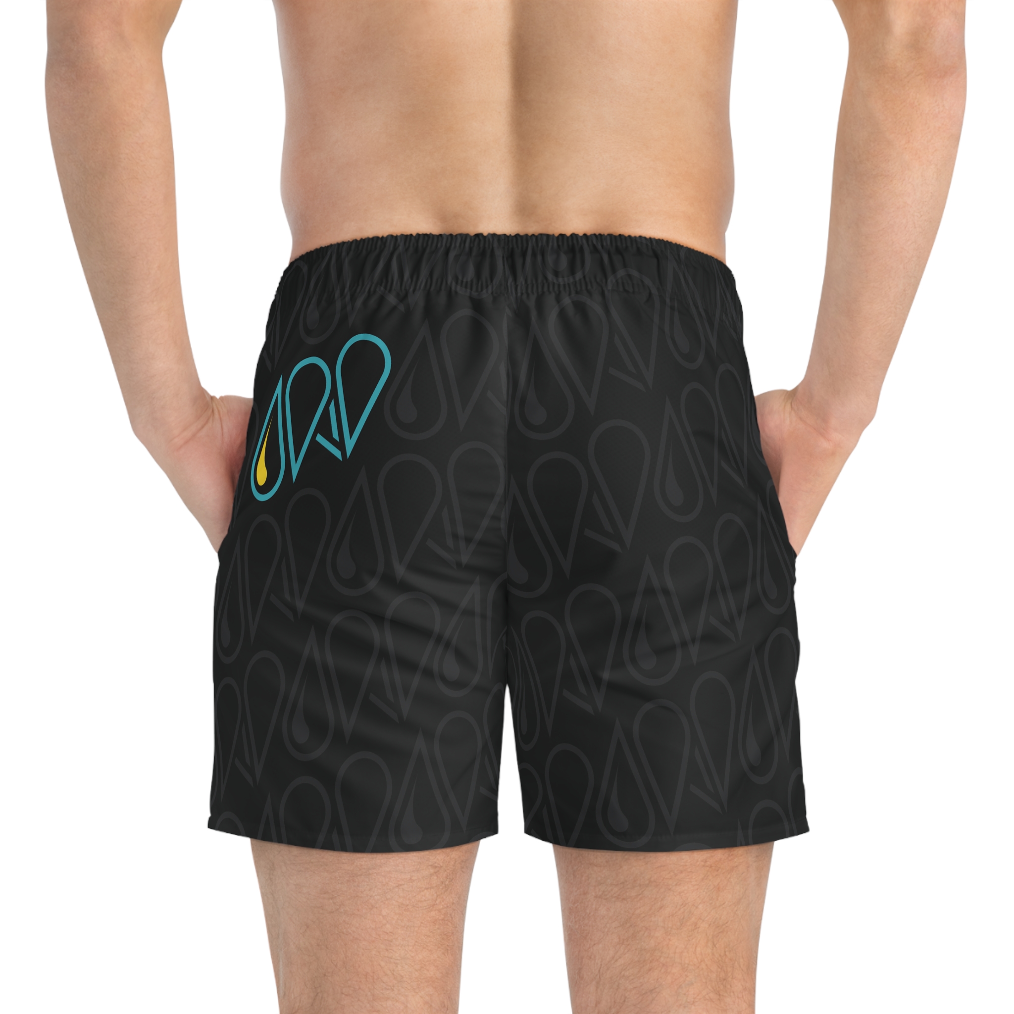 Back view of a man wearing the DELTA swim trunks.