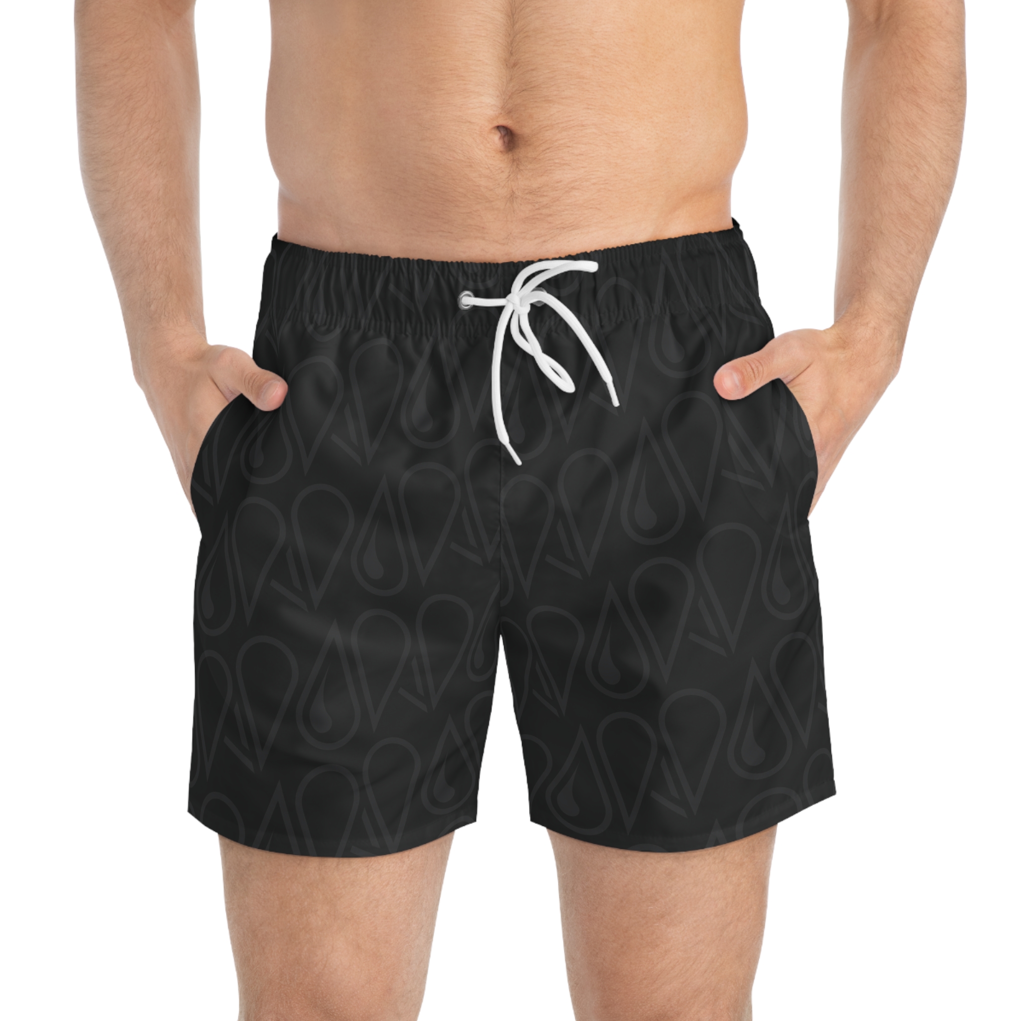 Front view of a man wearing the DELTA swim trunks.