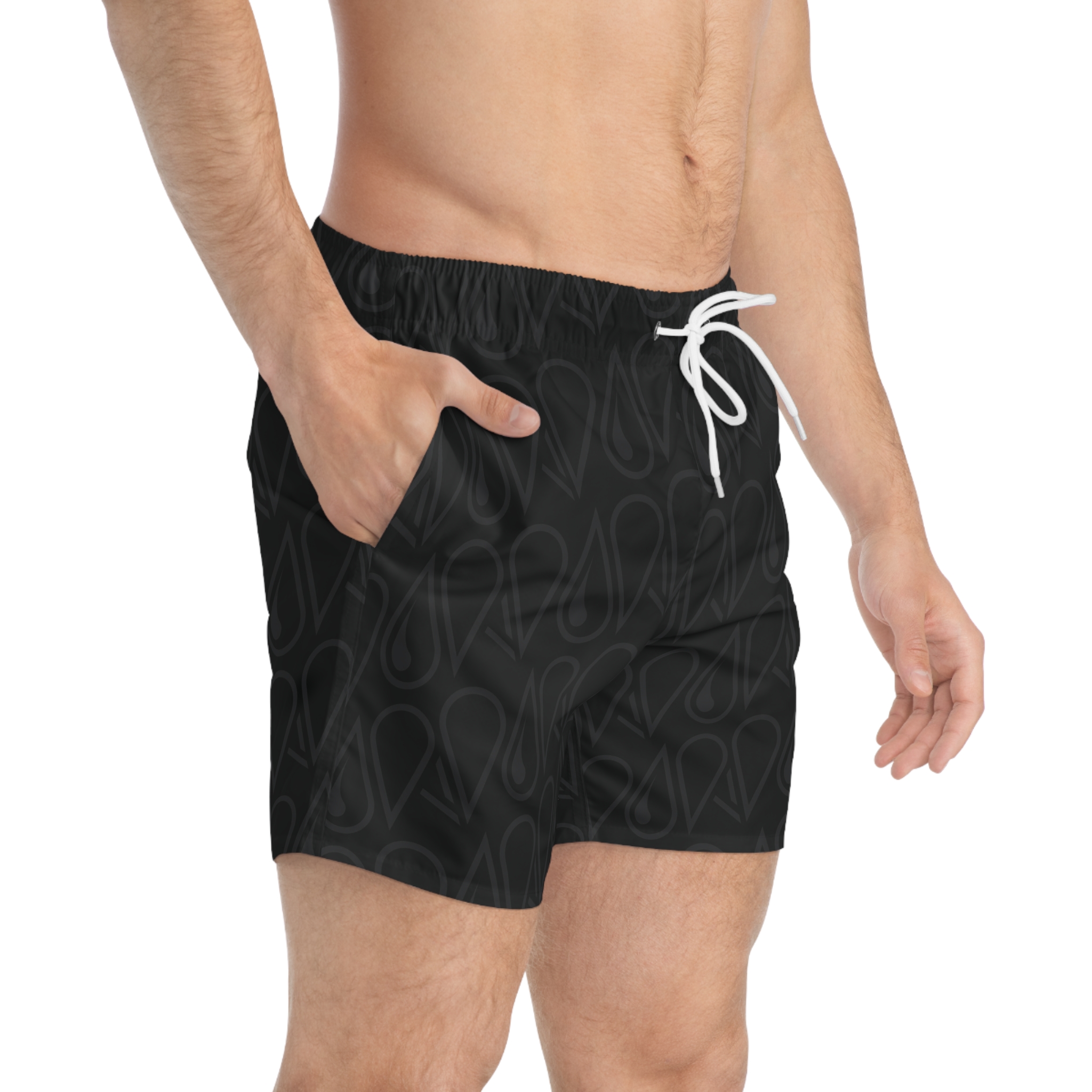 Quarter-profile view of a man wearing the DELTA swim trunks.